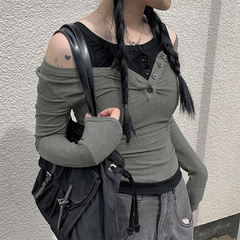 Patchwork Buttoned Long Sleeve Knit Top - fairypeony