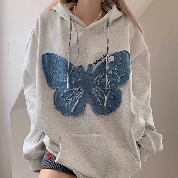 Patchwork Denim Butterfly Vintage Hoodie - fairypeony