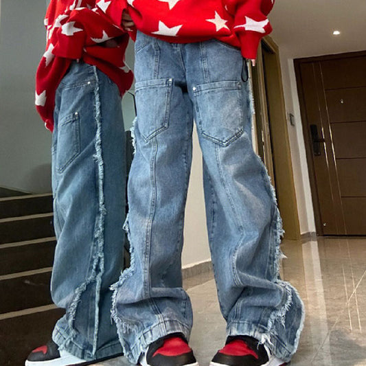 Patchwork Distressed Loose Jeans - fairypeony