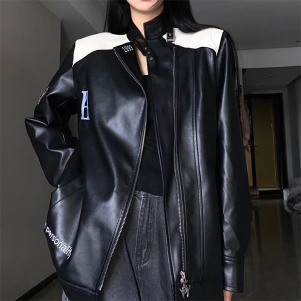 Patchwork Pu Leather Zip Up Jacket - fairypeony