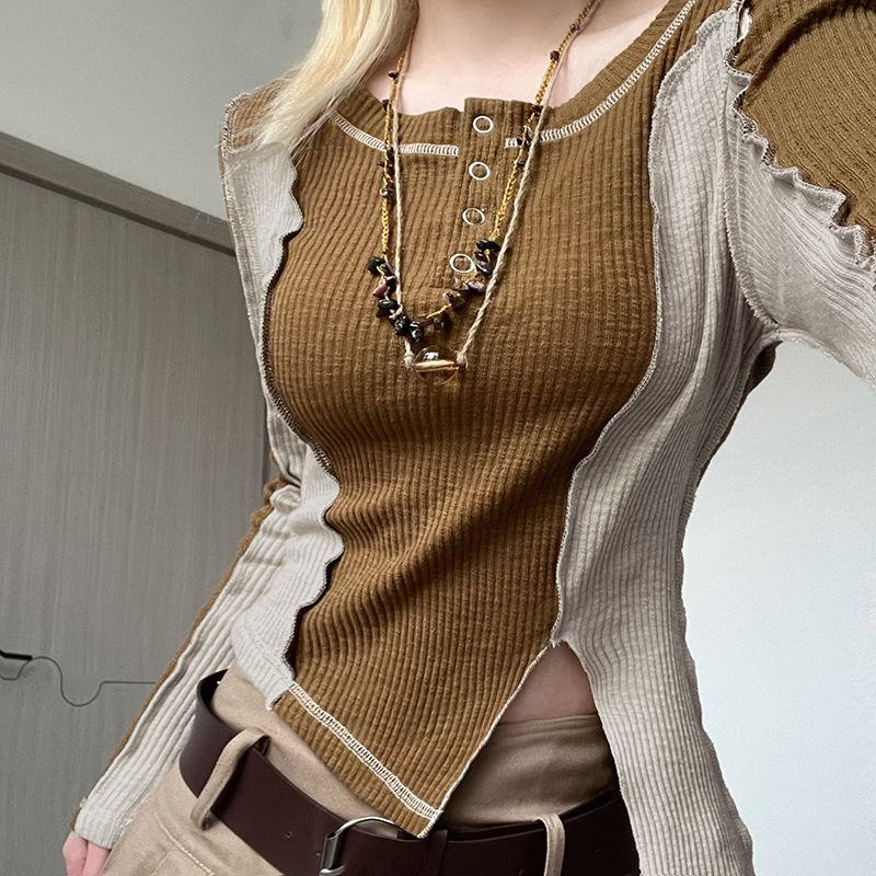 Patchwork Rib Long Sleeve Crop Top - fairypeony