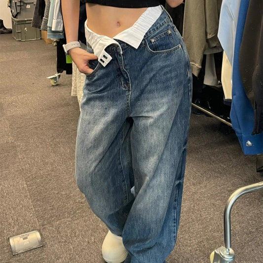 Patchwork Waist High Rise Boyfriend Jeans - fairypeony