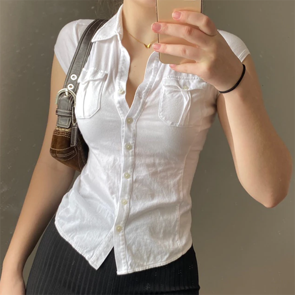 Pocket Button Down Cropped Blouse - fairypeony