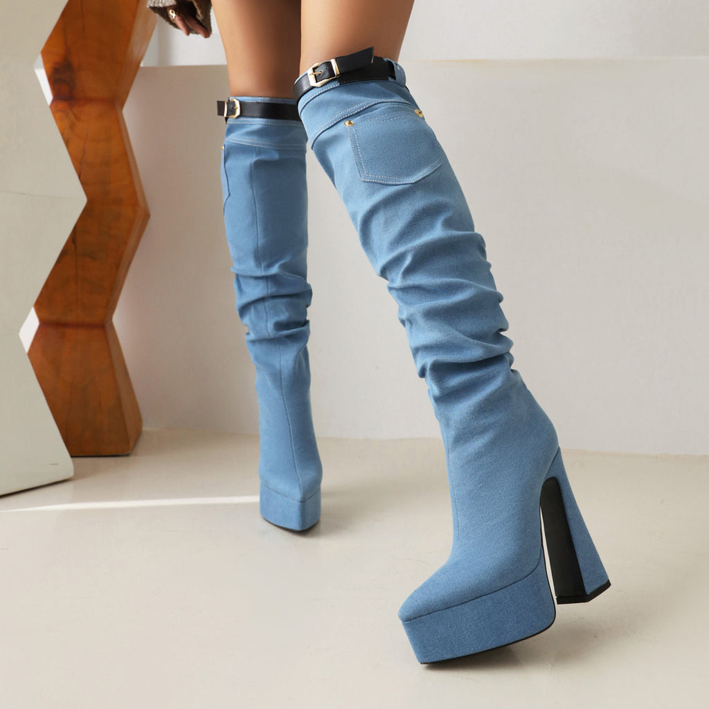 Pointed Toe Denim Over Knee Boots, , women clothing, pointed-toe-denim-over-knee-boots, , fairypeony