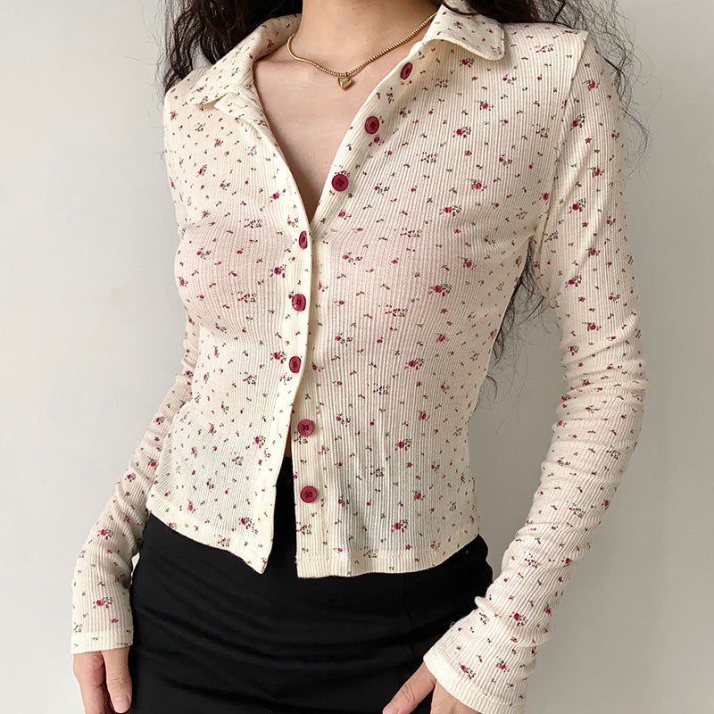 Polo Neck Floral Rib Blouse - fairypeony
