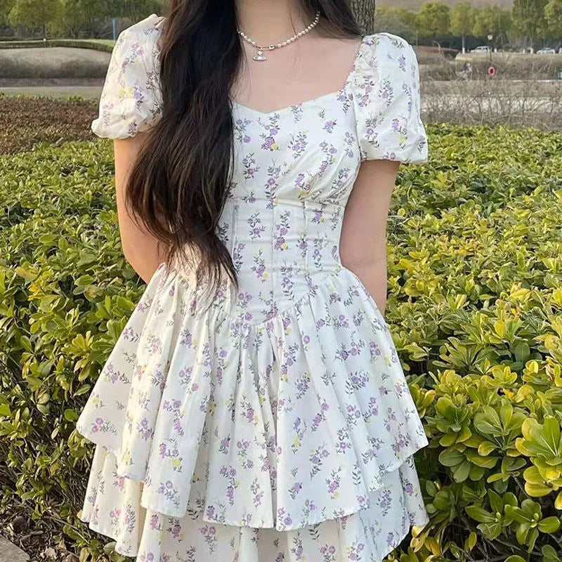 Puff Sleeve Floral Corset Mini Dress - fairypeony