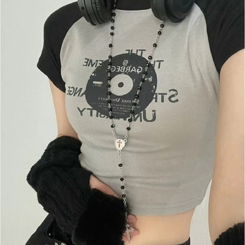 Raglan Sleeve Vinyl Print Crop Top - fairypeony