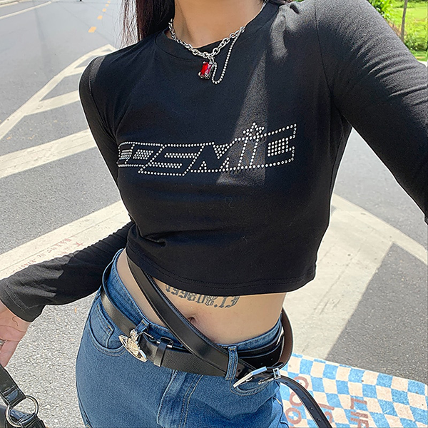 Rhinestone Letter Long Sleeve Crop Top - fairypeony