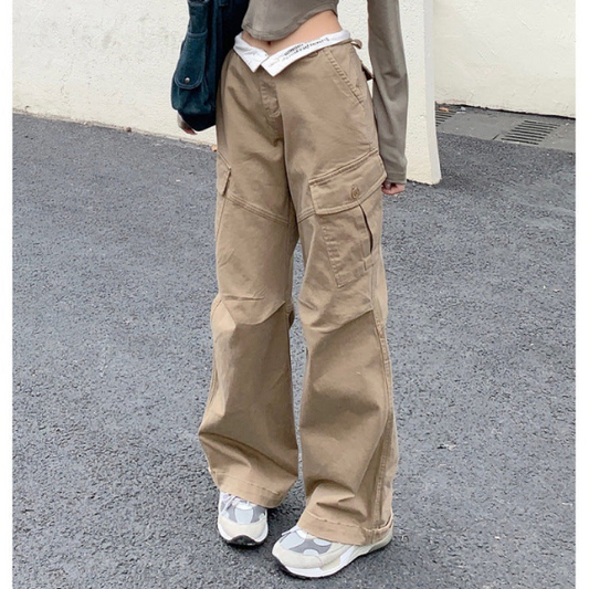 Ruched Khaki Baggy Cargo Pants - fairypeony