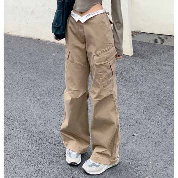 Ruched Khaki Baggy Cargo Pants - fairypeony