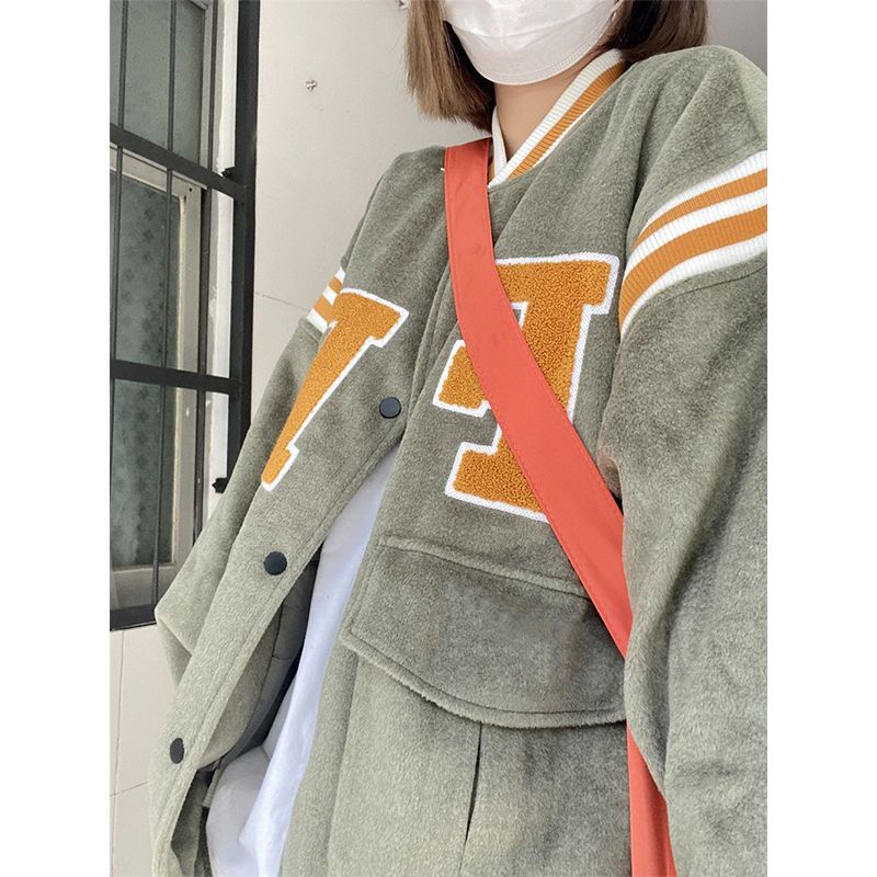 Color Block Vintage Embroidered Varsity Jacket - fairypeony