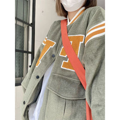 Color Block Vintage Embroidered Varsity Jacket - fairypeony