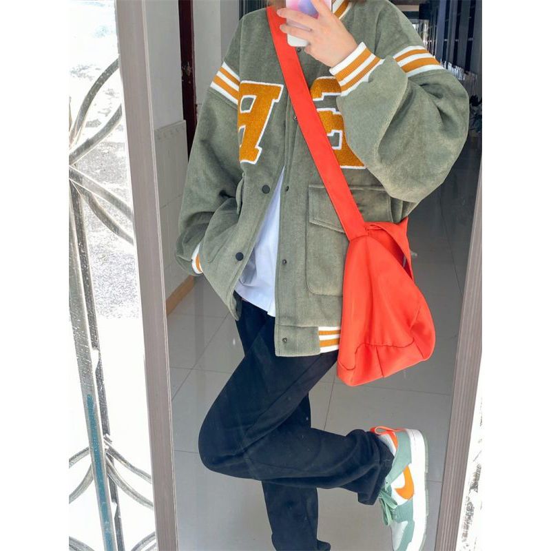 Color Block Vintage Embroidered Varsity Jacket - fairypeony