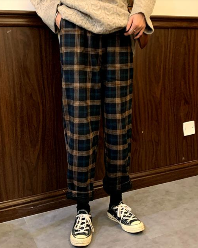 90s Kids Pants in Plaid Check, , women clothing, 90s-kids-pants-in-plaid-check, coffee, L, M, S, fairypeony