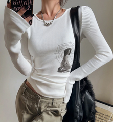 Grunge Print Graphic Long Sleeve Top - fairypeony