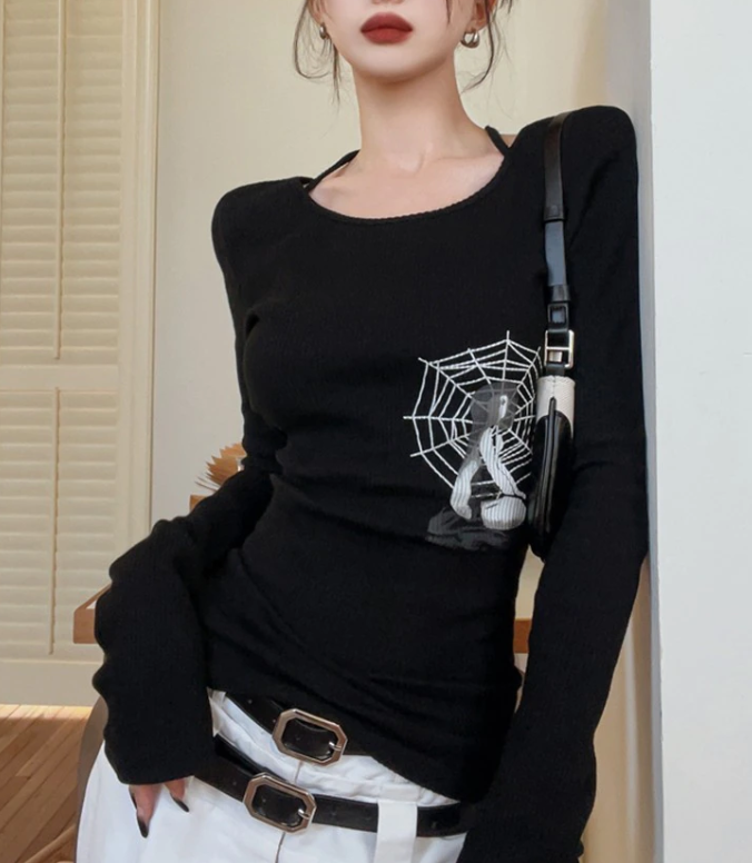 Grunge Print Graphic Long Sleeve Top - fairypeony