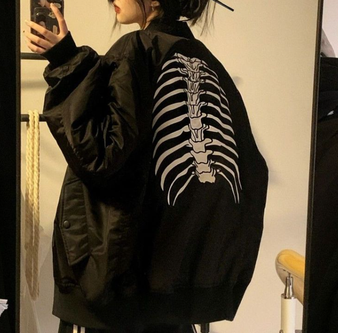 Skeleton Graphic Oversized Bomber Jacket, , women clothing, skeleton-graphic-oversized-bomber-jacket, , fairypeony