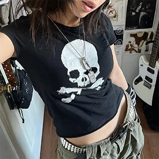 Skull Print Short Sleeve Y2K Crop Top - fairypeony