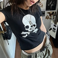 Skull Print Short Sleeve Y2K Crop Top - fairypeony