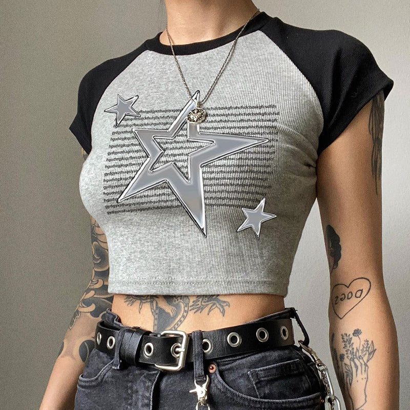 Star Graphic Raglan Sleeve Rib Crop Top - fairypeony