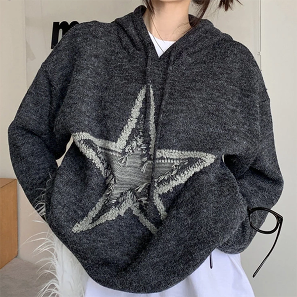 Star Jacquard Hooded Pullover Sweater - fairypeony