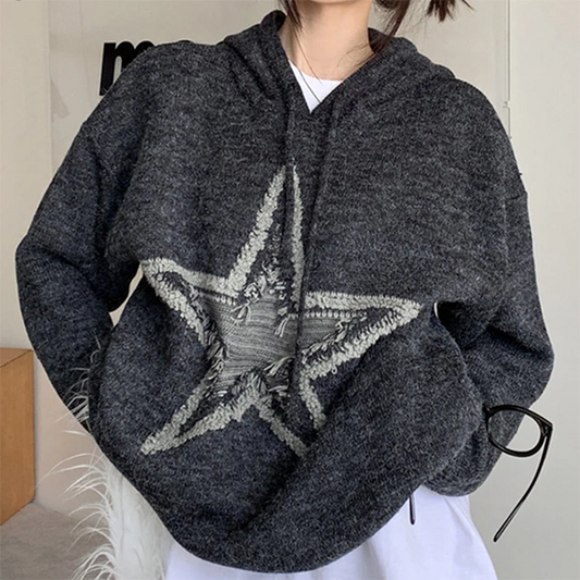 Star Jacquard Hooded Pullover Sweater - fairypeony