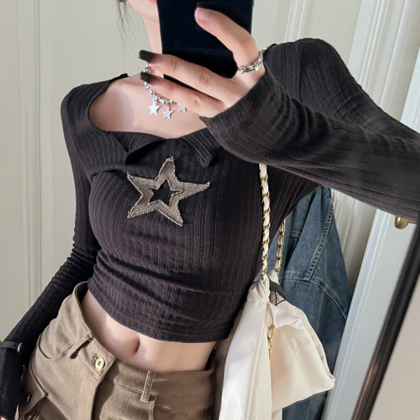 Star Patch Long Sleeve Knit Crop Top - fairypeony