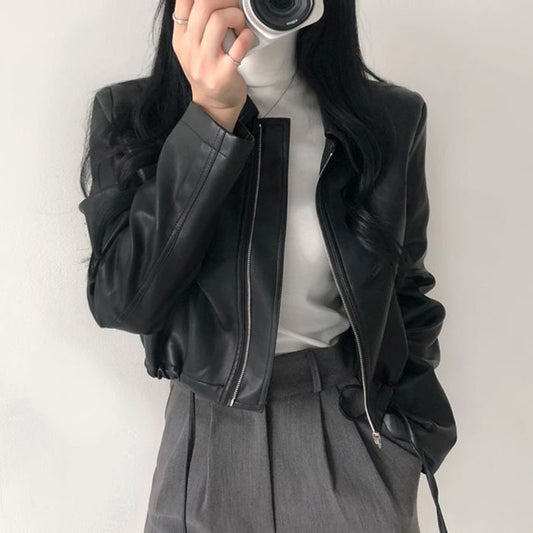 Street Pu Leather Short Jacket, , women clothing, lapel-zipper-loose-casual-short-leather-coat, , fairypeony