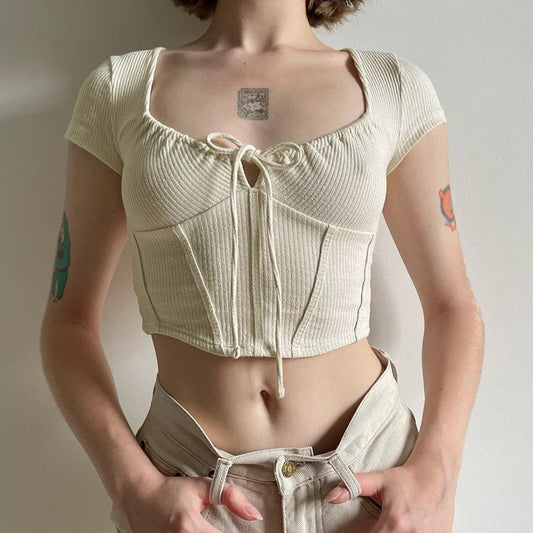 Tie Front Ribbed Crop Top - fairypeony