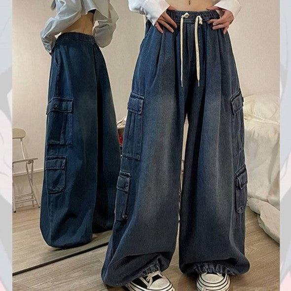 Tie Strap Baggy Cargo Jeans - fairypeony