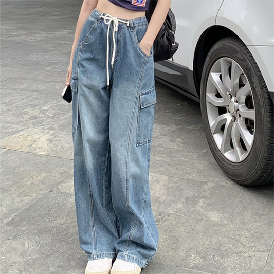 Tie Strap Blue Wash Straight Cargo Jeans - fairypeony