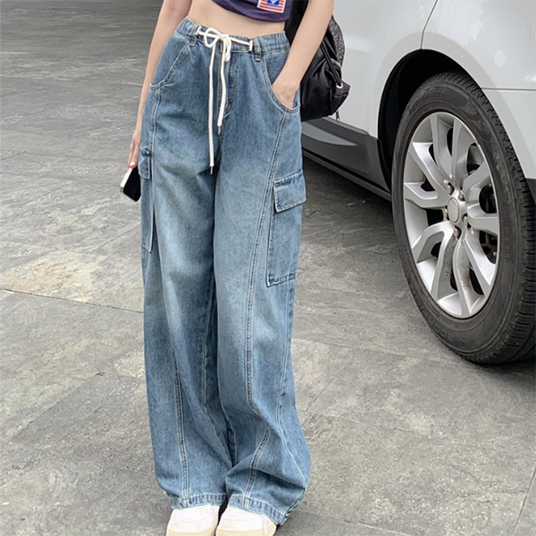 Tie Strap Blue Wash Straight Cargo Jeans - fairypeony