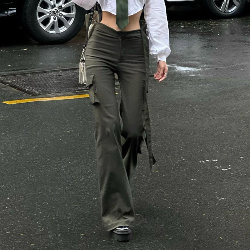 Tie Strap Straight Leg Cargo Pants - fairypeony