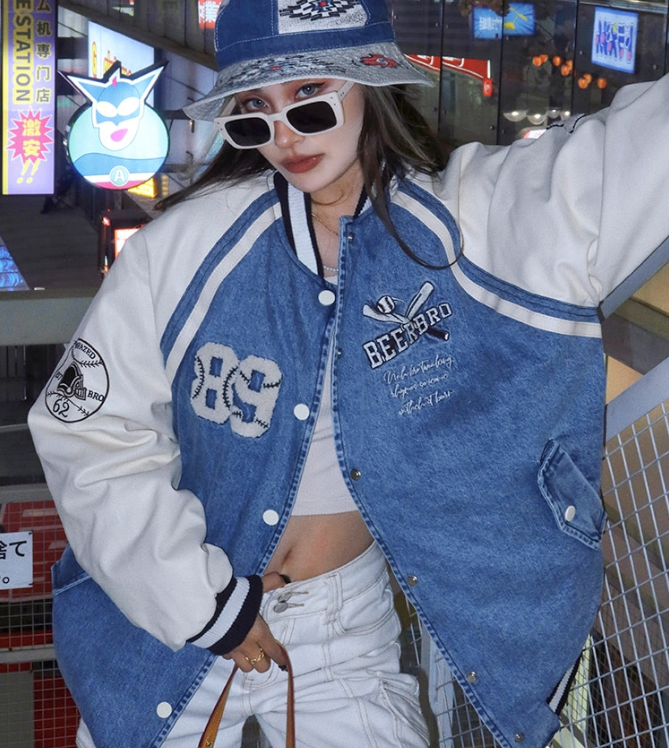 Toweling Embroidered Baggy Denim Varsity Jacket, , , toweling-embroidered-baggy-denim-varsity-jacket, , fairypeony