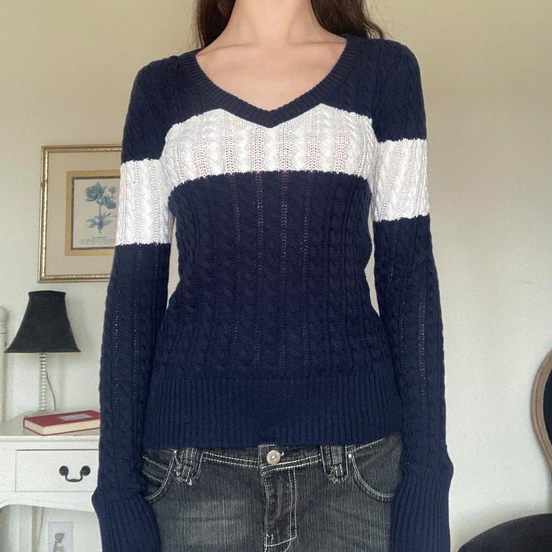 V Neck Striped Cable Knit Downtown 90s Top - fairypeony