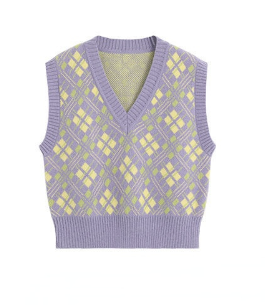 V Neck Lavender Argyle Sweater Vest, , women clothing, v-neck-lavender-argyle-sweater-vest, , fairypeony