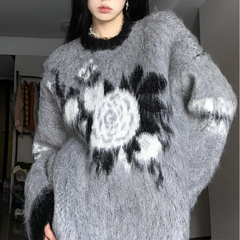 Vintage Jacquard Fuzzy Knit Sweater - fairypeony