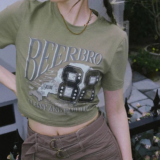 Vintage Logo Printed Short Sleeve Crop Top - fairypeony