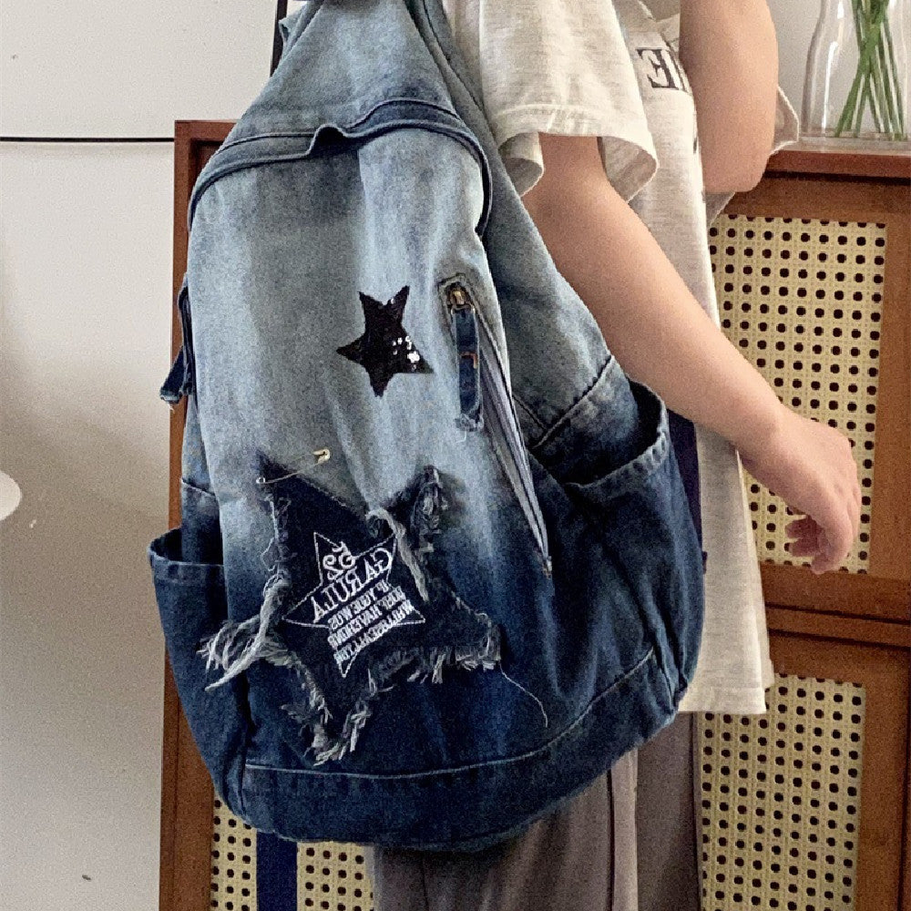 Vintage Star Patch Gradient Denim Backpack - fairypeony