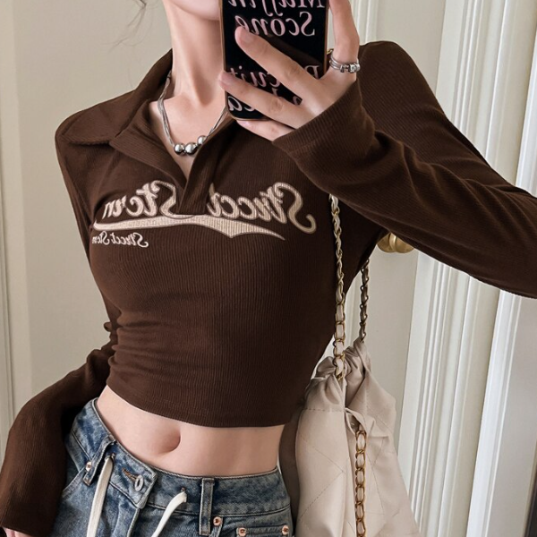Y2K Long Sleeve Ribbed Knit Crop Top - fairypeony