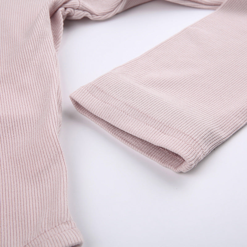 Lace Trim Knit Long Sleeve Button Crop Top - fairypeony