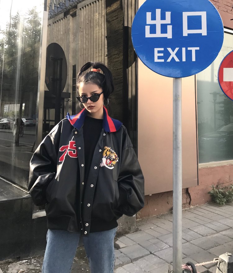 Bomber Embroidered Tiger Varsity Jacket, , women clothing, bomber-embroidered-tiger-varsity-jacket, black, fairypeony