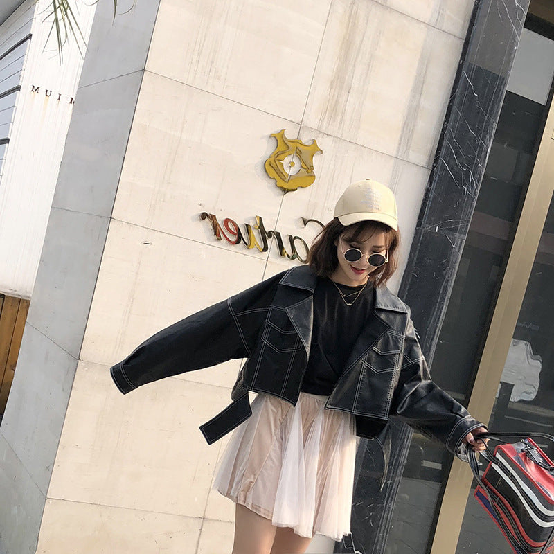 Topstitched Decorative Pu Leather Jacket, , women clothing, topstitched-decorative-pu-leather-jacket, black, fairypeony