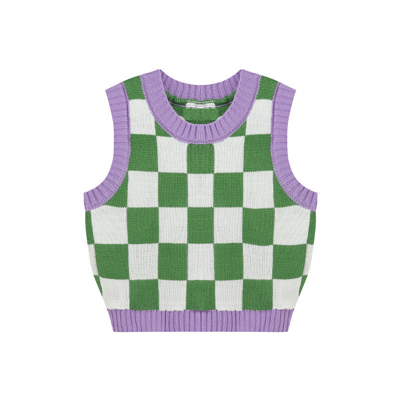 Green & Lavender Checkerboard Vest, , women clothing, green-lavender-checkerboard-vest, Checkerboard, greeen, Lavender, top, vest, fairypeony