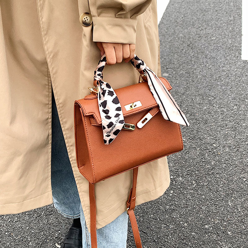 Leather Silk Scarf Handle Handbag, , women clothing, leather-silk-scarf-handle-handbag, , fairypeony