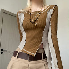 Patchwork Rib Long Sleeve Crop Top - fairypeony