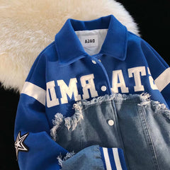Embroidery Patchwork Denim Varsity Jacket, , women clothing, embroidery-patchwork-denim-varsity-jacket, blue, green, fairypeony