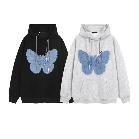 Patchwork Denim Butterfly Vintage Hoodie - fairypeony