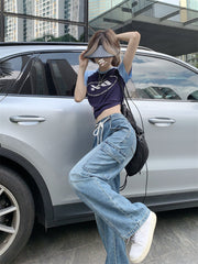 Tie Strap Blue Wash Straight Cargo Jeans - fairypeony