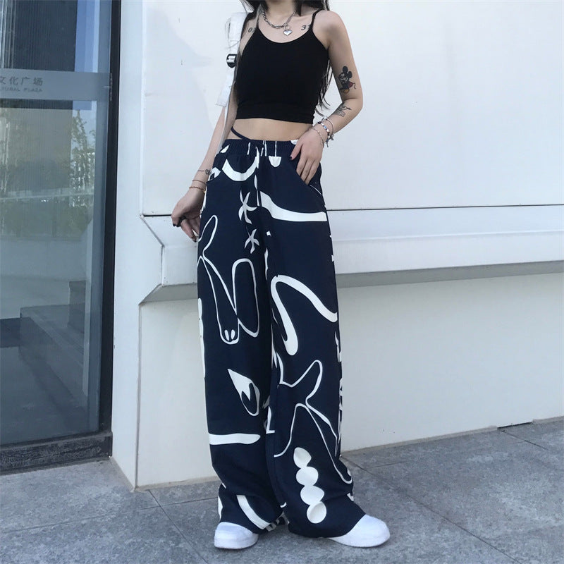 Vintage Graffiti Print Loose Wide-leg Pants, , women clothing, vintage-graffiti-print-loose-wide-leg-pants, , fairypeony